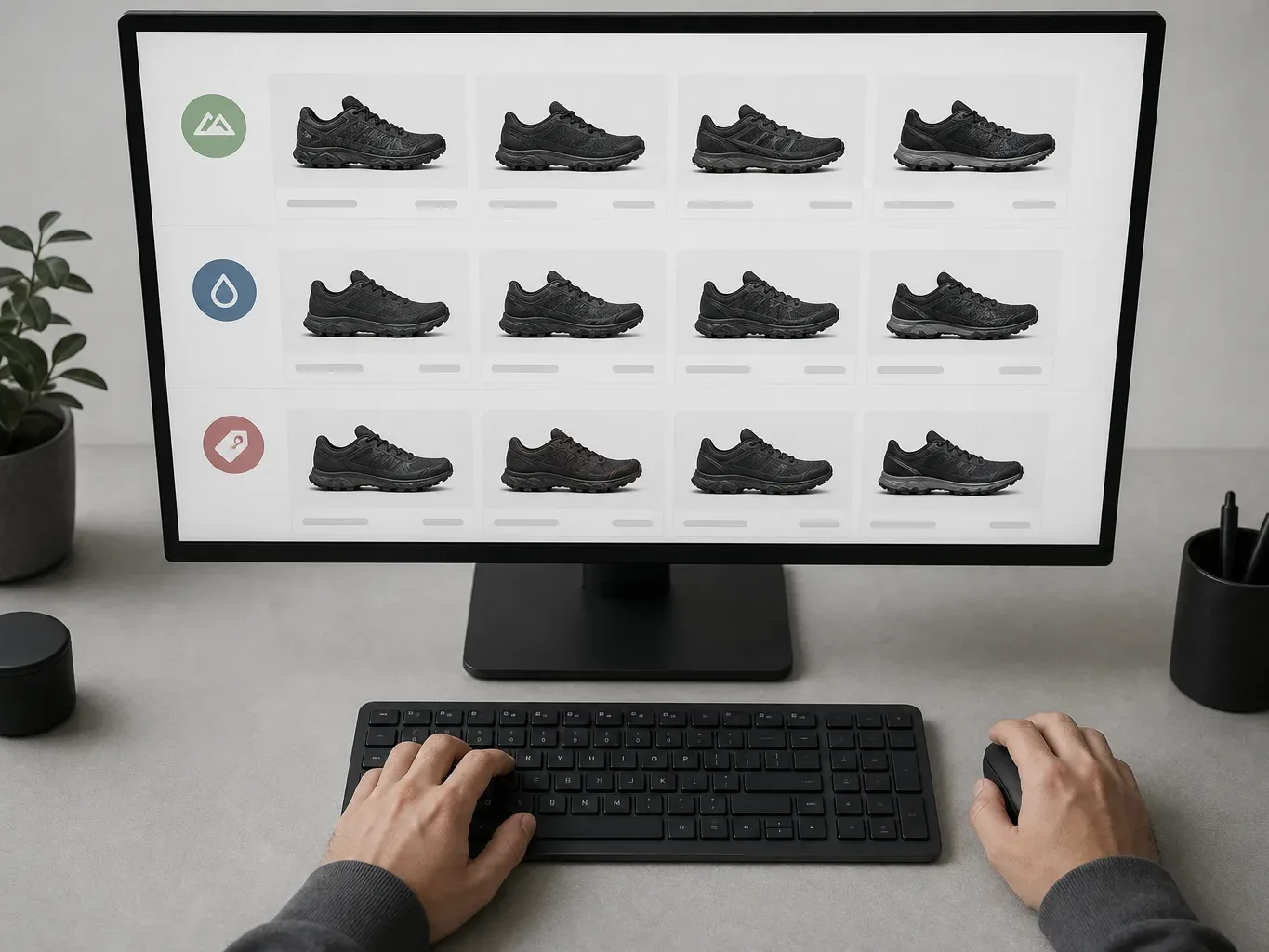 A person browses an e-commerce page showing rows of black running shoes categorised by icons on a desktop monitor, with a keyboard and mouse on the desk