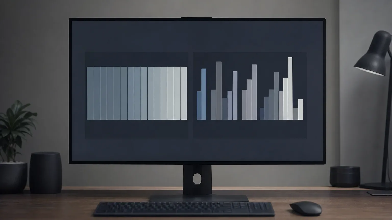A desktop monitor on a wooden desk displays two side-by-side bar chart panels in muted blue and grey tones, with a keyboard and mouse in front