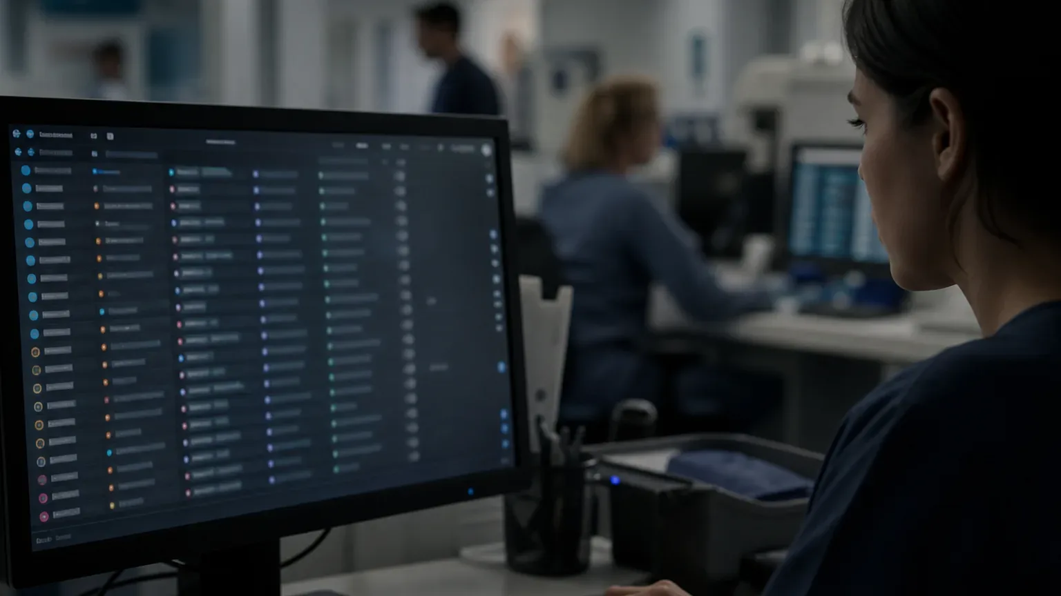 A person in scrubs works at a keyboard, looking at a monitor displaying a dense list of items, with colleagues and clinical workspace visible in soft focus behind them