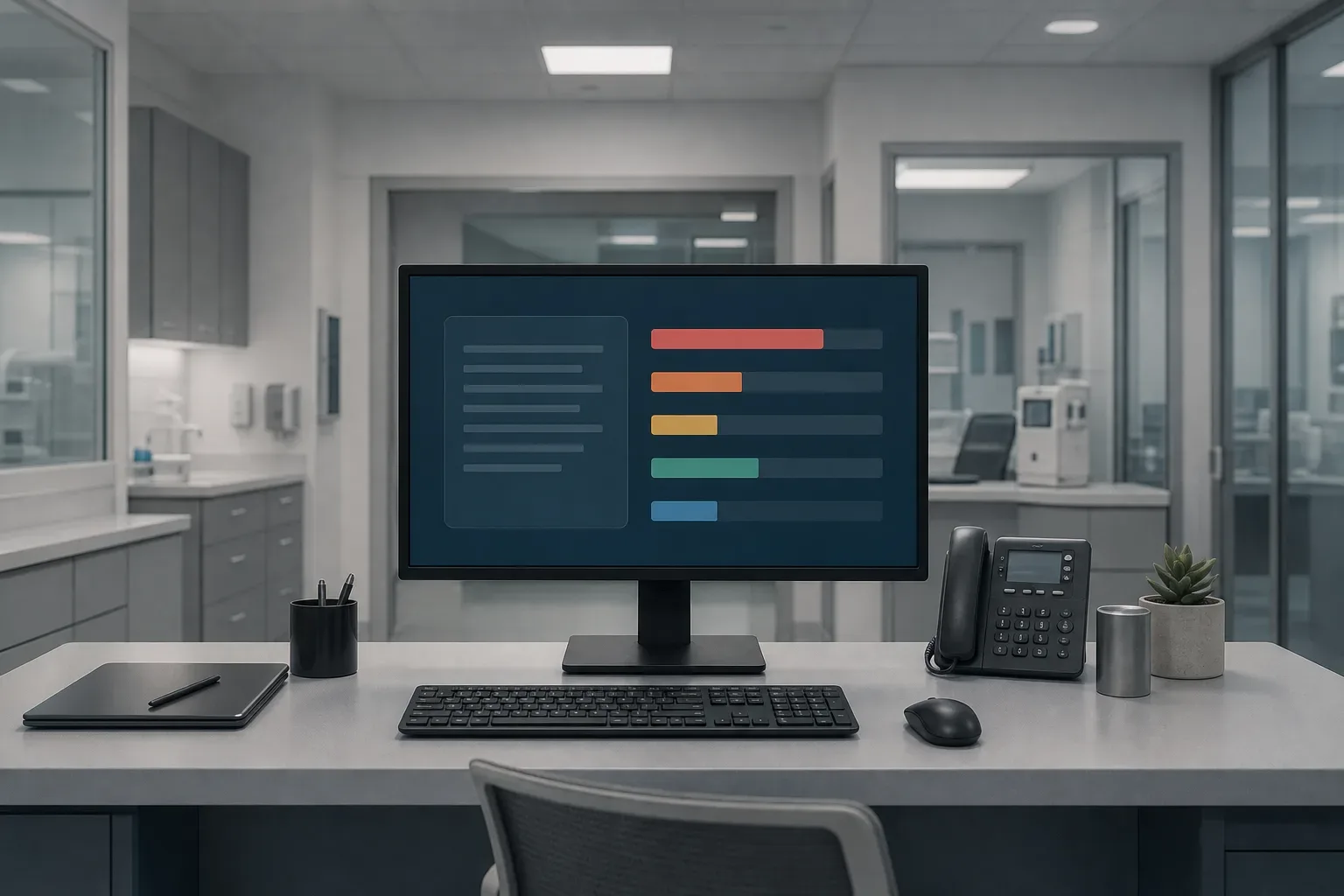 An empty clinical workstation with a monitor displaying a dark-themed dashboard with coloured horizontal bars of varying lengths, beside a keyboard, mouse, desk phone and small plant