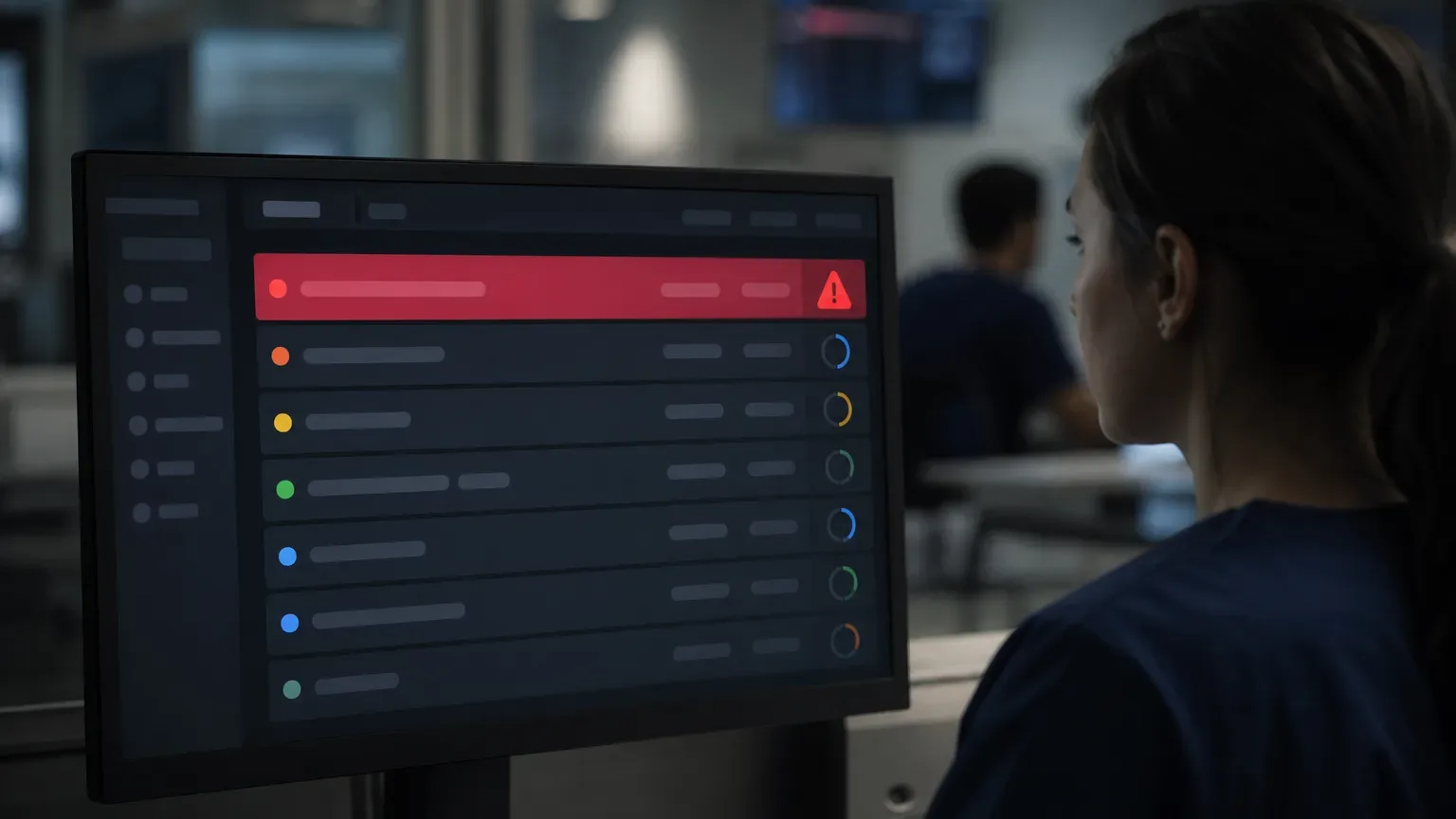A person in dark clothing looks at a monitor displaying a dashboard with a highlighted red alert row at the top, in a dimly lit office environment