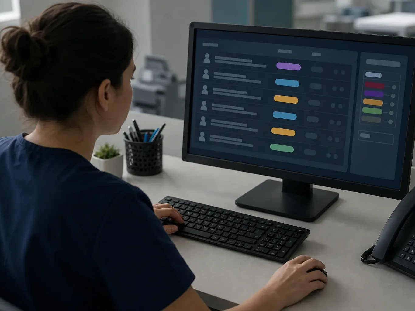 A person in scrubs sits at a desk working at a monitor displaying a dark-themed interface with colour-coded status tags in a clinical office setting