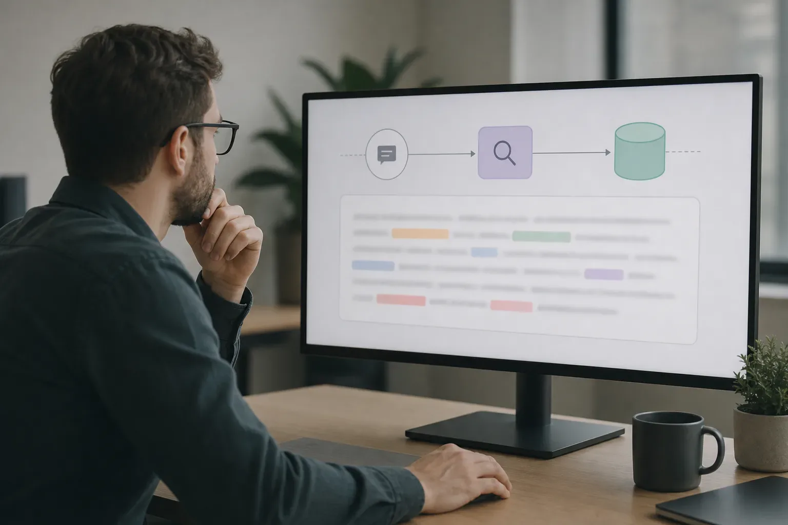 A person sits at a desk studying a monitor displaying a flow diagram with icons and a text panel with coloured highlights