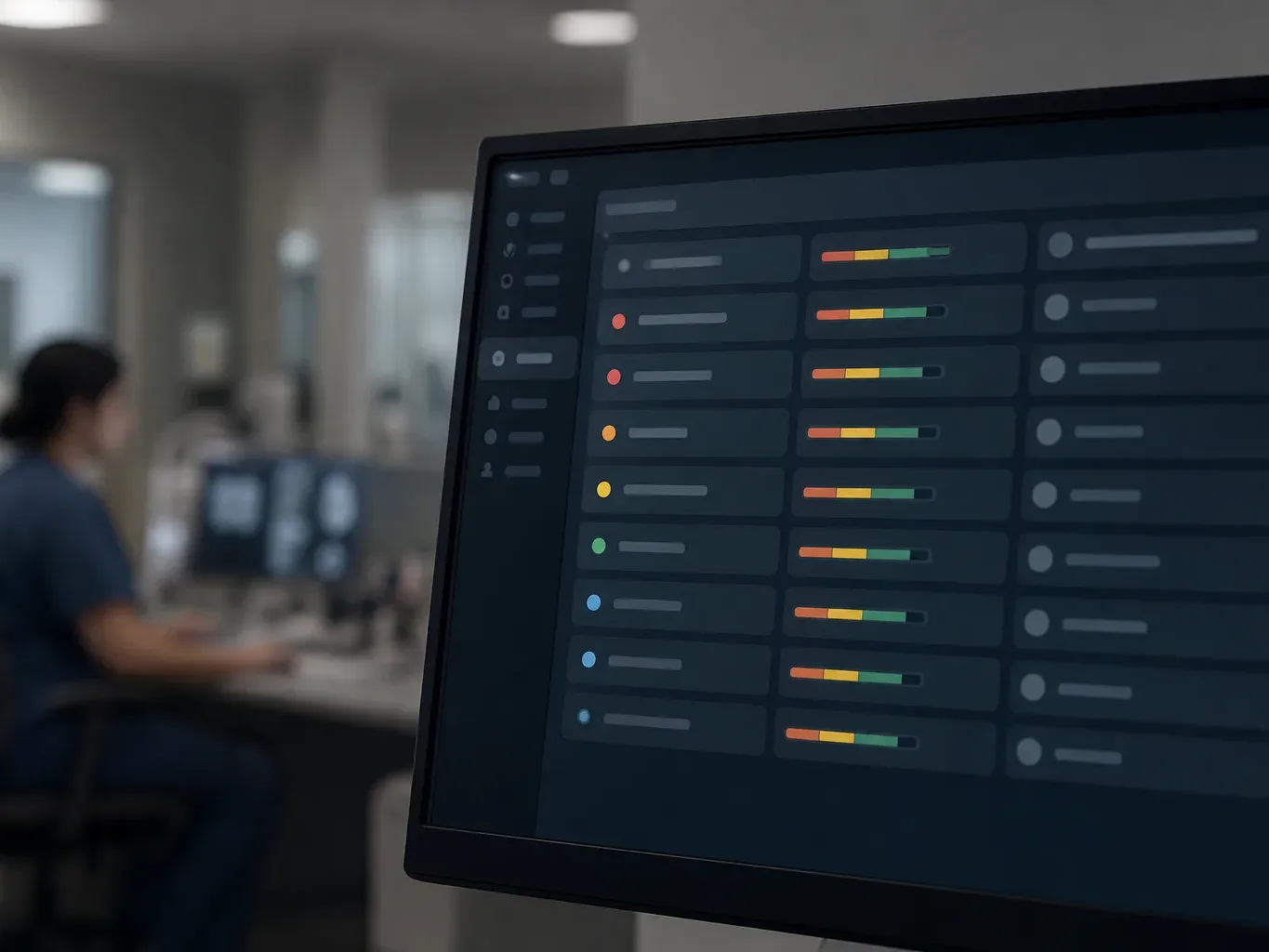 A monitor in sharp focus displays a dark-themed dashboard with colour-coded rows and progress bars, while a person works at a blurred workstation behind it