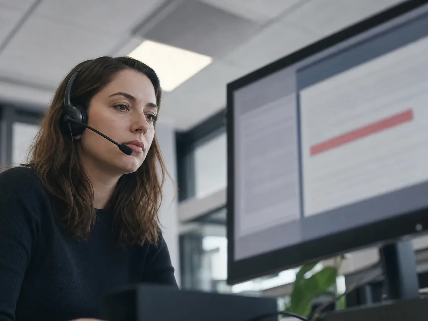 A person wearing a headset sits at a workstation looking towards a monitor displaying a document with a red-highlighted section