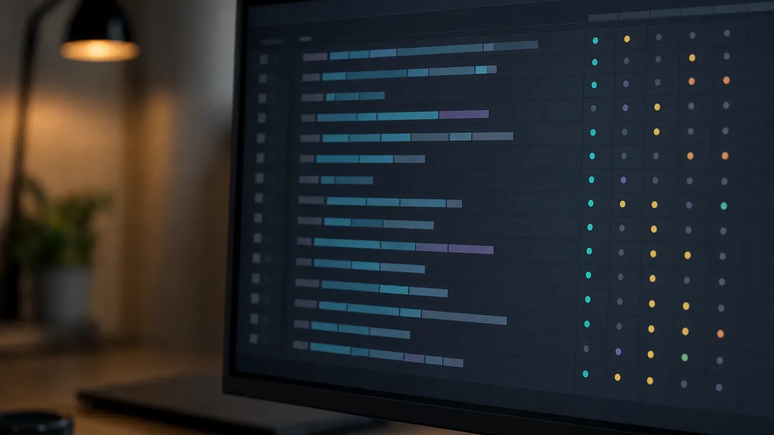 A monitor displays a dark-themed data dashboard with colour-coded horizontal bar segments and columns of coloured indicator dots, lit by warm side light in a softly blurred room