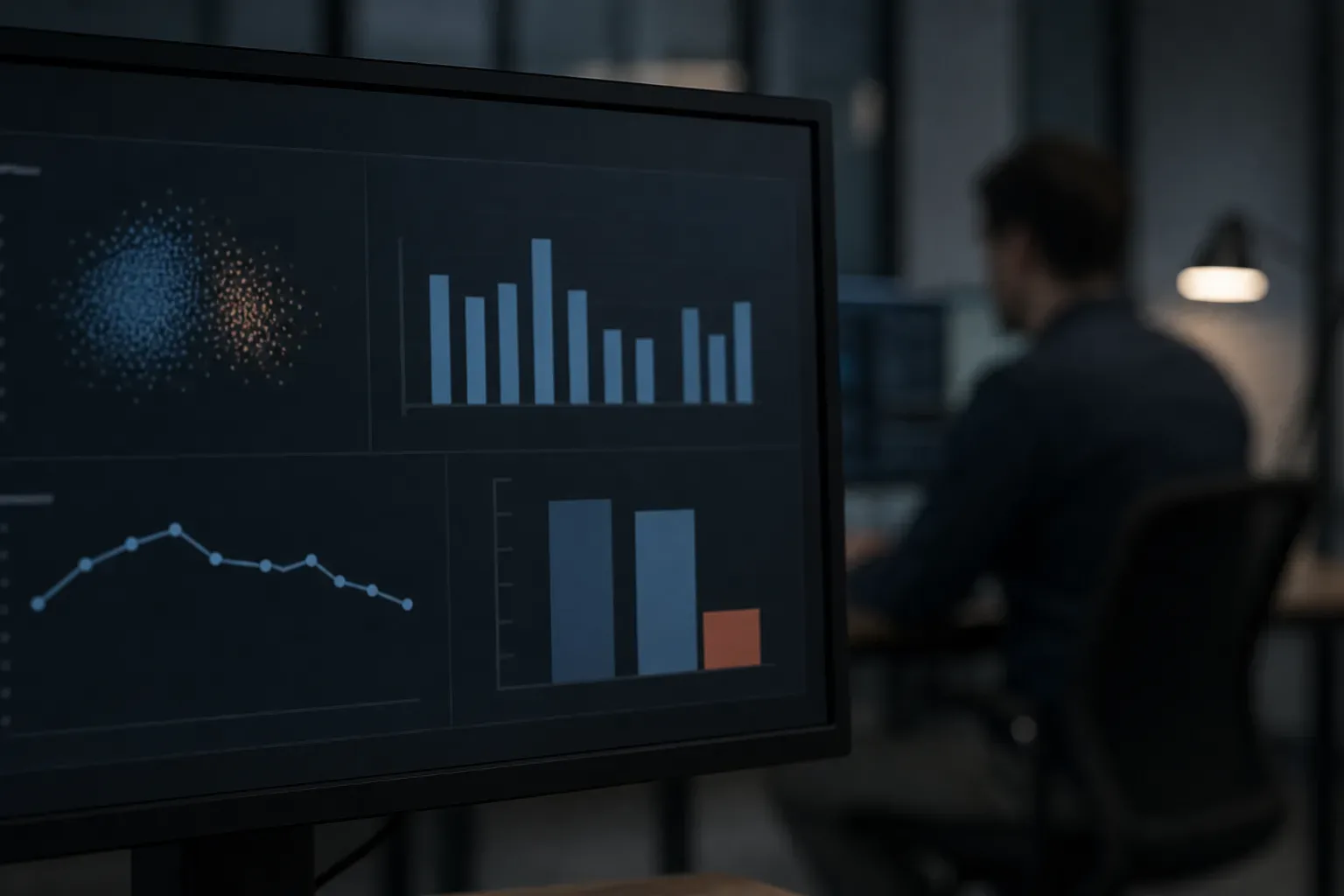 A monitor in the foreground displays a data dashboard with bar charts, a line graph, and a scatter plot, while a person sits working at a desk in the blurred background