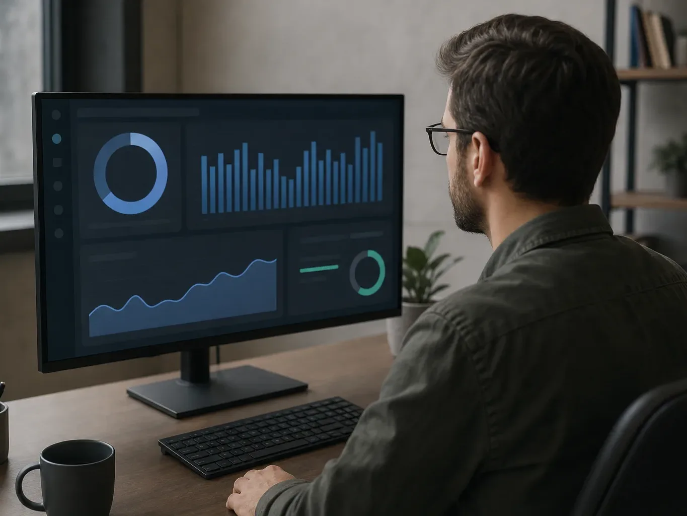 A person wearing glasses sits at a desk in a dimly lit room, viewing a dark-themed analytics dashboard with charts and graphs on a large monitor