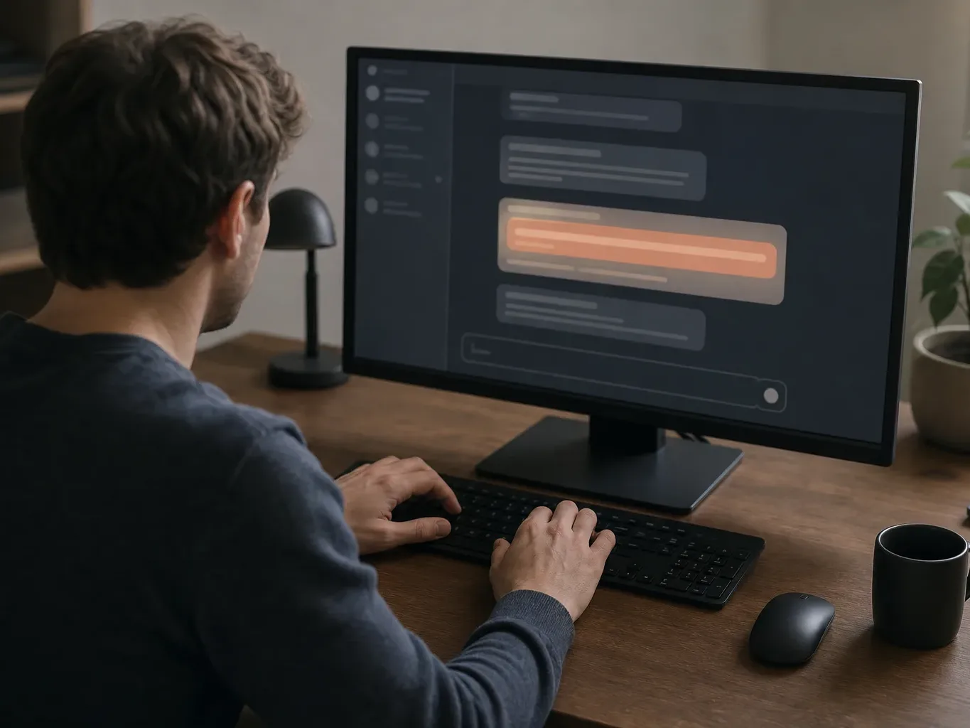 A person sits at a desk typing on a keyboard, facing a large monitor displaying a dark chat interface with an orange-highlighted message band