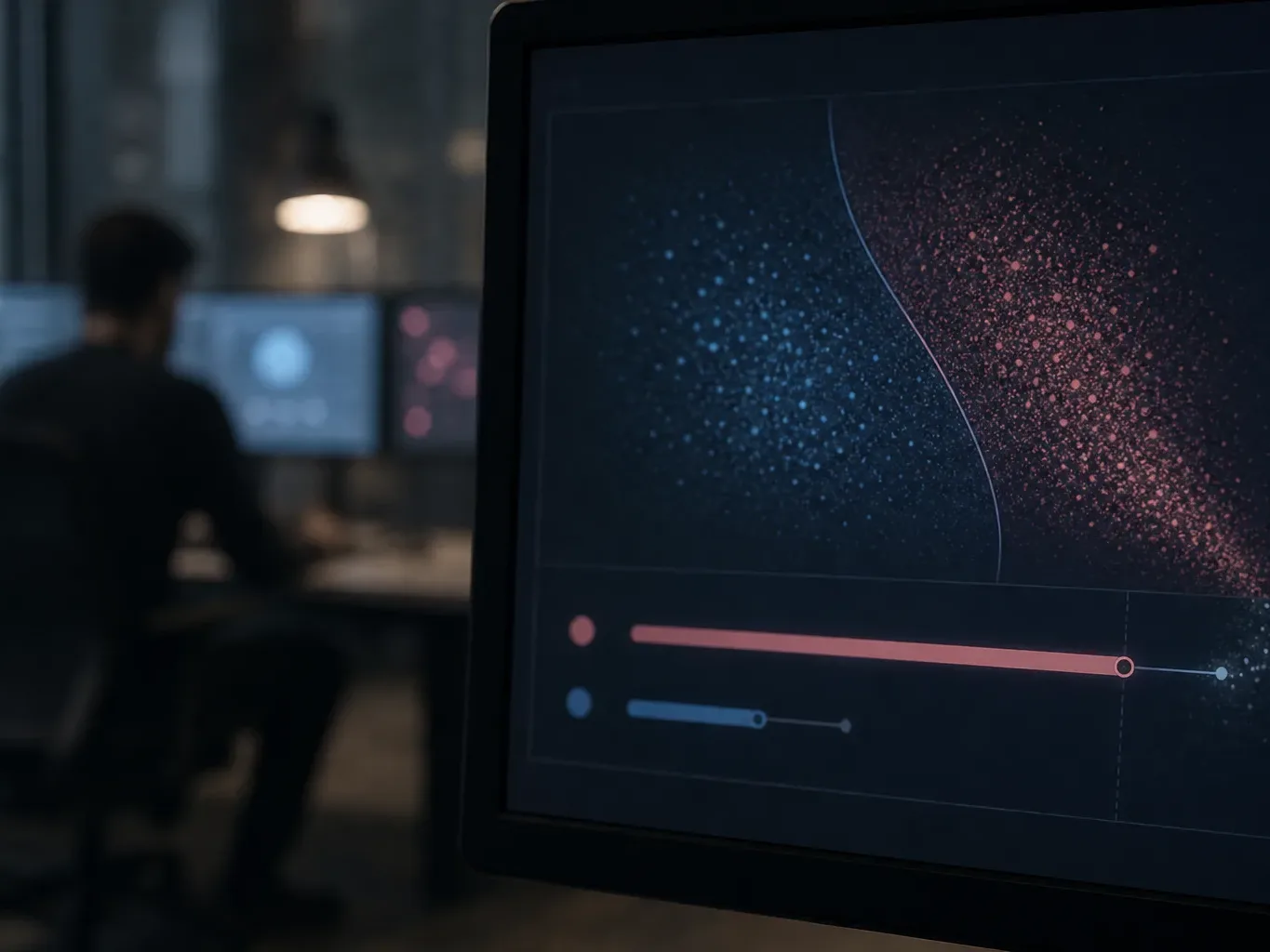 A monitor in the foreground displays a data visualisation with pink and blue particle clouds separated by a curved boundary line, with a person working at a blurred workstation behind