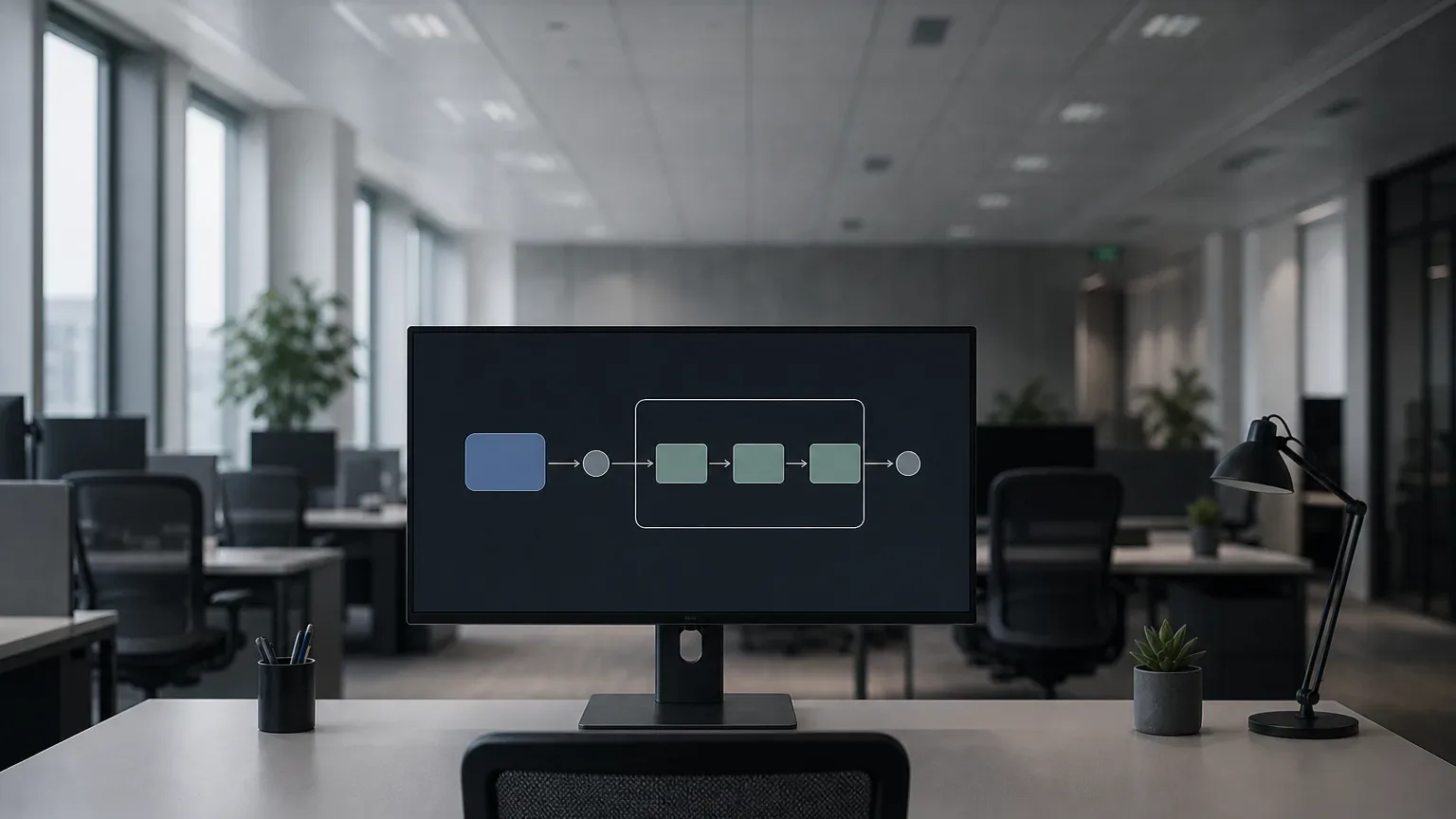 An empty open-plan office desk with a monitor displaying a simple pipeline flow diagram made of coloured blocks and arrows
