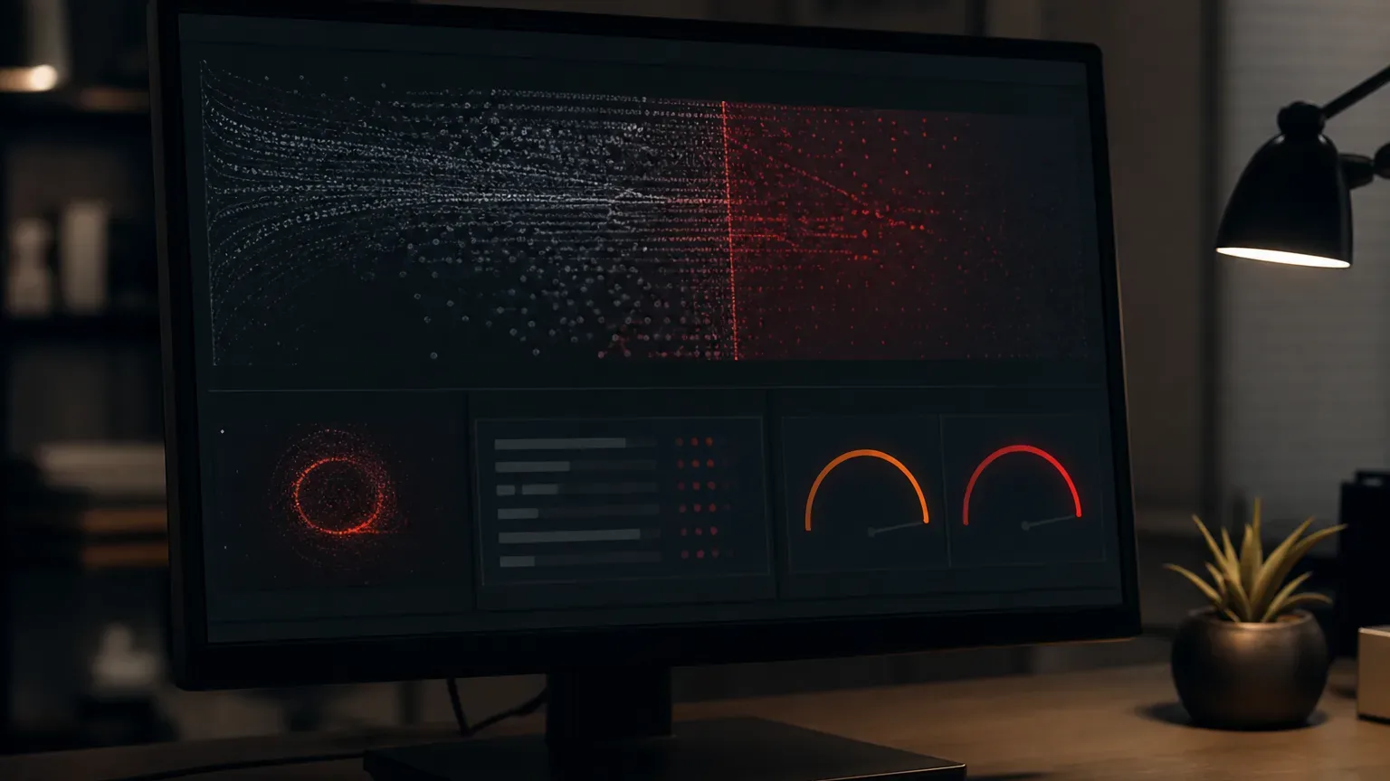 A monitor on a dark desk displays an abstract data visualisation with white and red particle streams and gauge graphics, lit by a nearby desk lamp