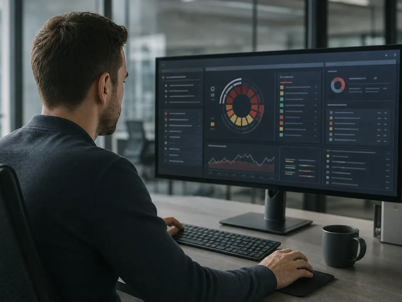 A person sits at a desk in an open-plan office workspace, viewing a dark-themed analytics dashboard with colourful dial and chart graphics on a large monitor
