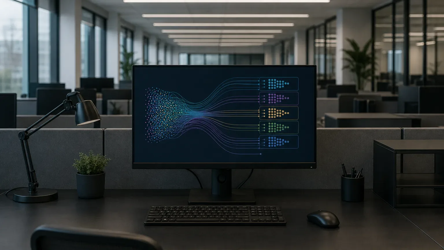 An empty open-plan office workstation with a monitor displaying a colourful data-flow diagram, beside a desk lamp, small plant and pen holder