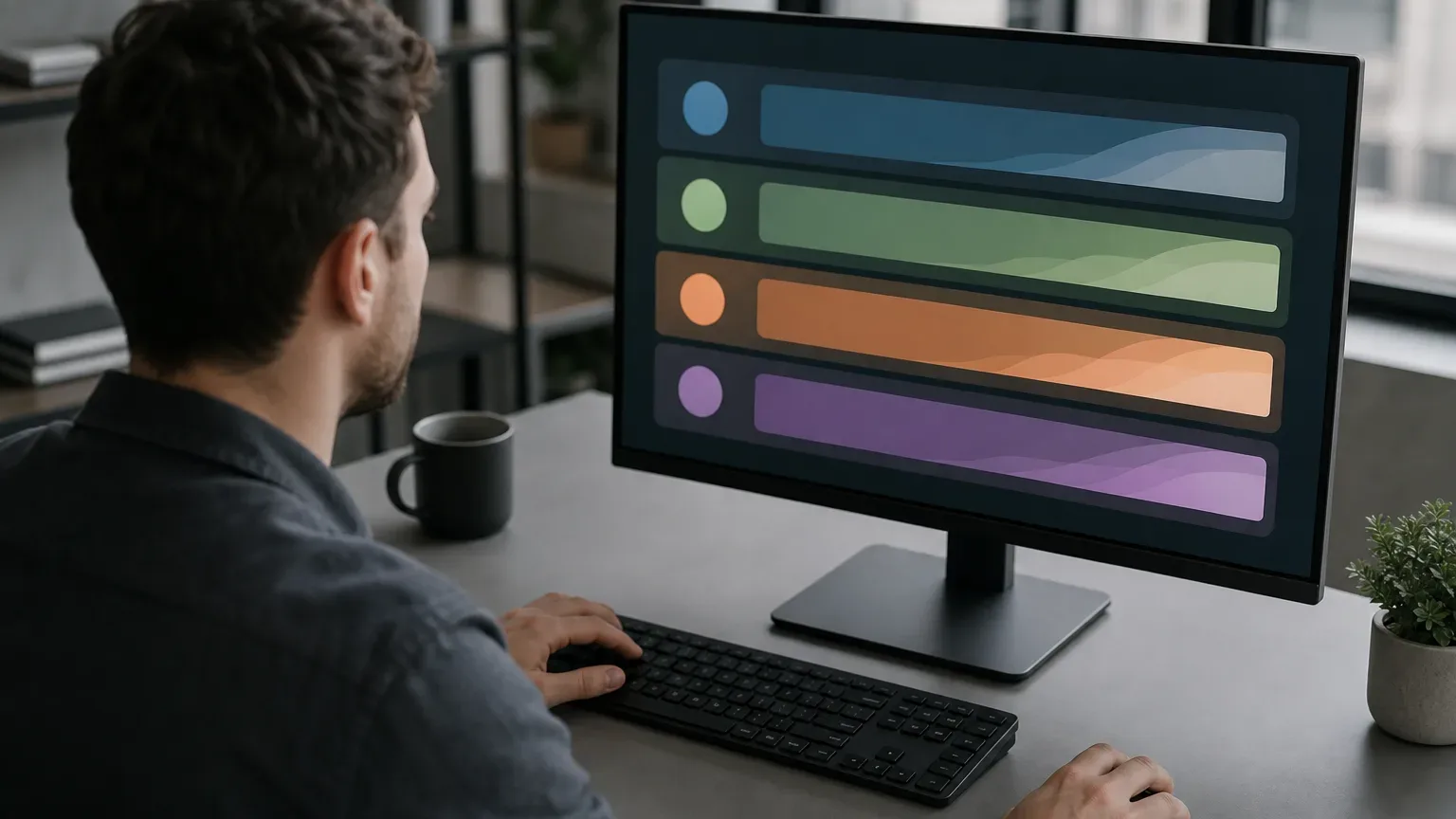 A person sits at a desk facing a large monitor displaying four colour-coded horizontal bars with matching coloured circles, in a modern office setting