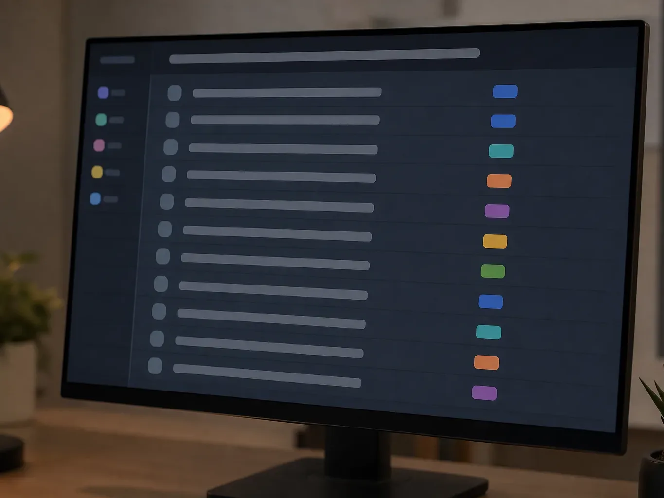 A monitor on a desk displays a dark-themed list interface with rows of grey bars each paired with a colour-coded badge on the right, lit by warm side lighting