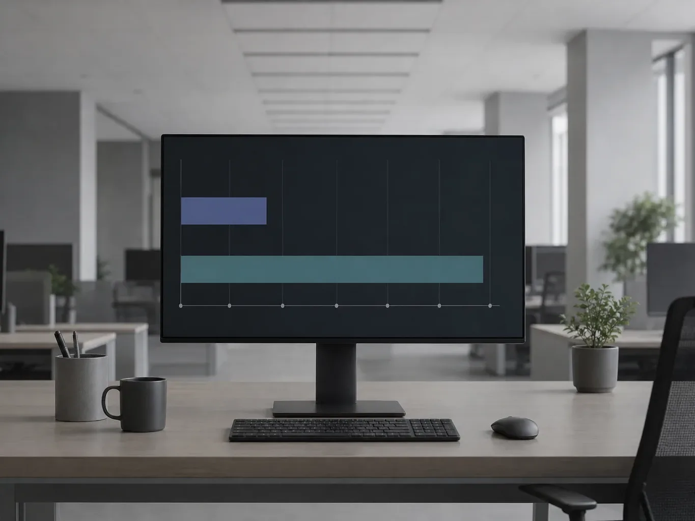 A monitor on an empty open-plan office desk displays a dark-themed horizontal bar chart with two coloured bars of markedly different lengths