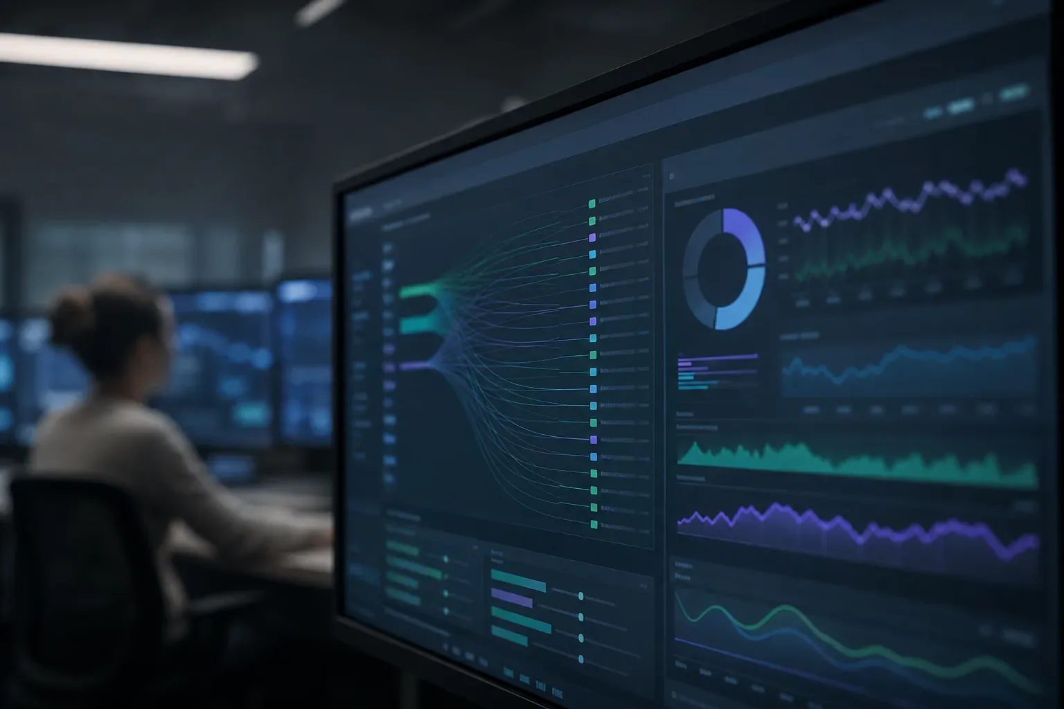 A large monitor in the foreground displays a dark-themed analytics dashboard with flow diagrams, line graphs, and a donut chart, while a person sits at a workstation in the blurred background