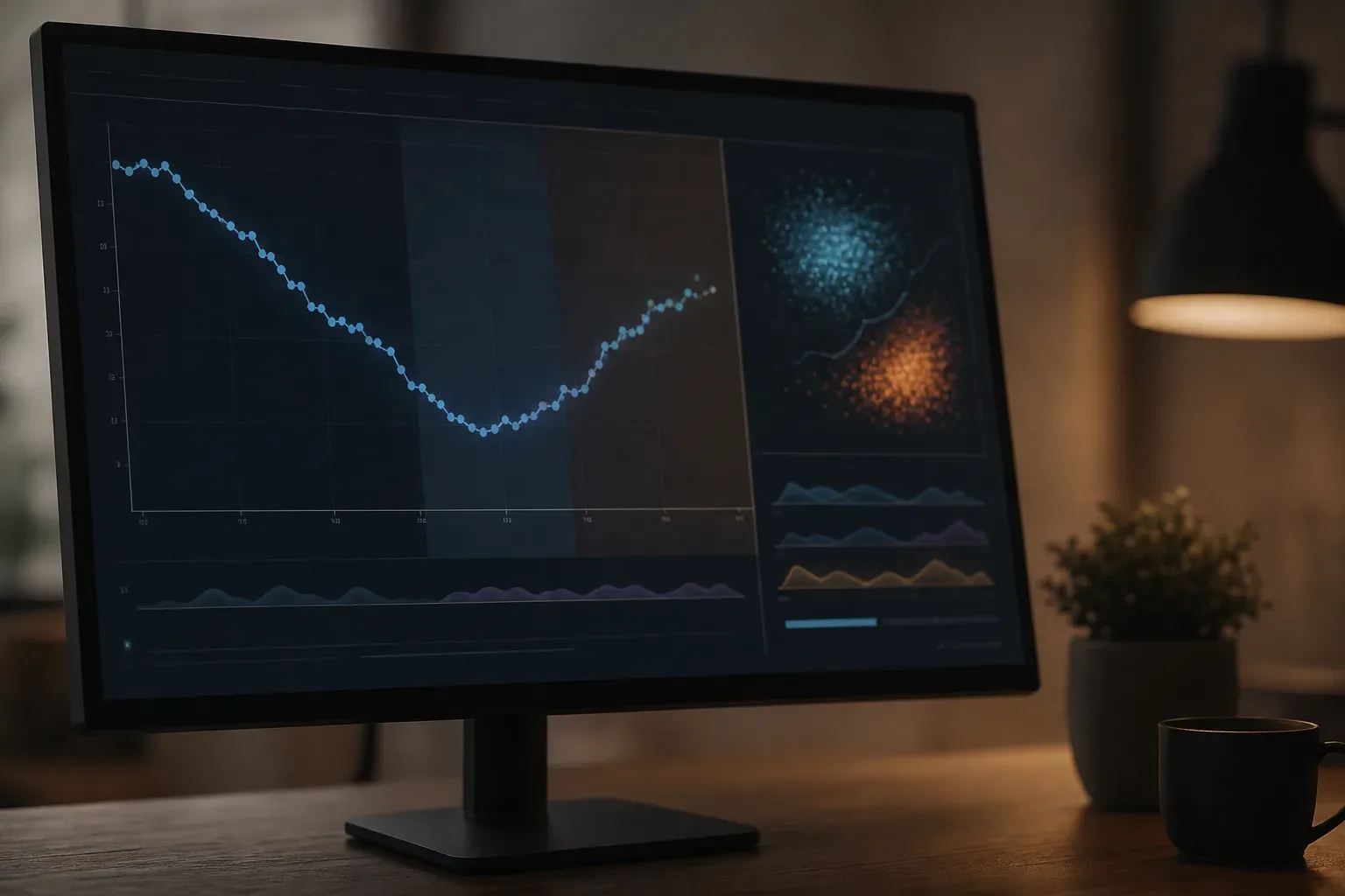 A monitor on a wooden desk displays a line chart with a V-shaped trend and scatter plot visualisations, beside a small plant and a mug under warm side lighting