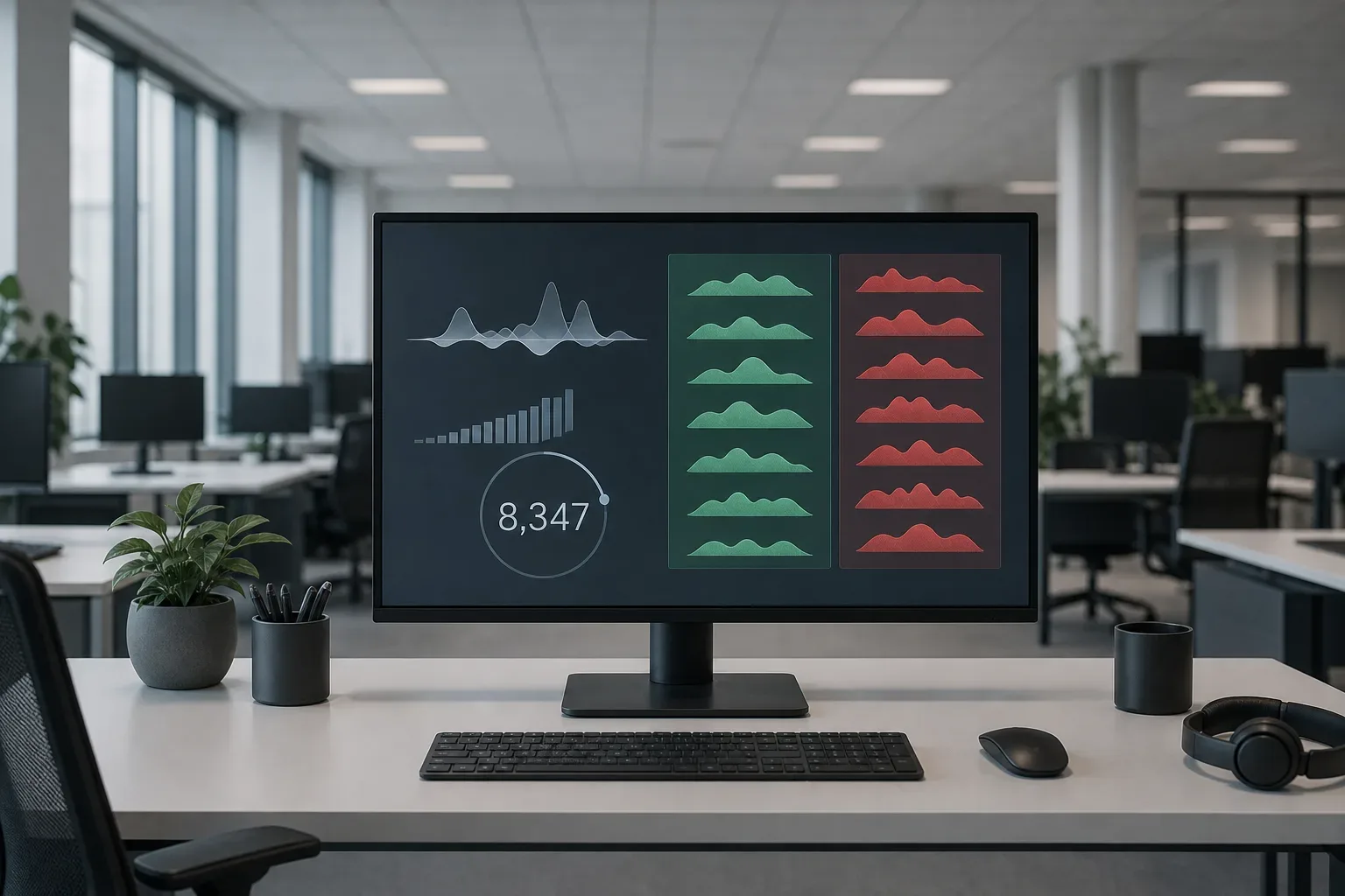 A monitor on a tidy office desk displays a data dashboard with waveform graphics, a rising bar chart, a numerical counter, and columns of green and red hill-shaped visualisations