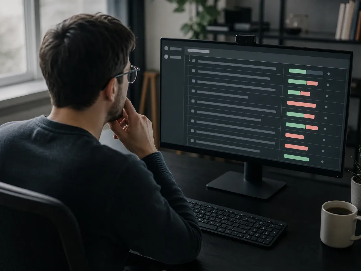 A person wearing glasses sits at a desk in a home office, viewed from behind, studying a dark-themed interface displaying rows of data with colour-coded status bars on a monitor