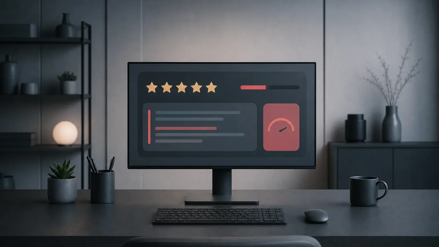 A monitor on a dark desk displays a five-star rating alongside a colour-coded review interface, with a keyboard, mouse, plant and mug nearby