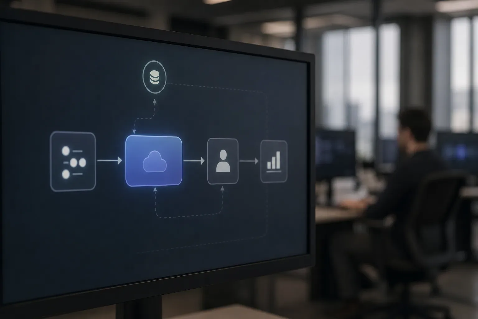 A monitor in the foreground displays a cloud-based pipeline diagram with connected workflow icons, while a person works at a desk of screens in the background