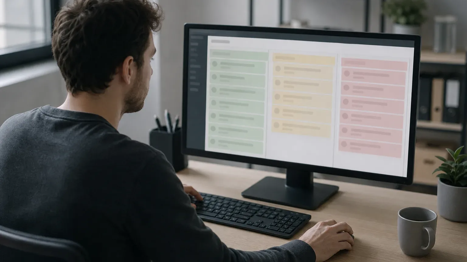 A person sits at a desk in an office, using a keyboard and mouse while viewing a colour-coded panel with three columns on a monitor